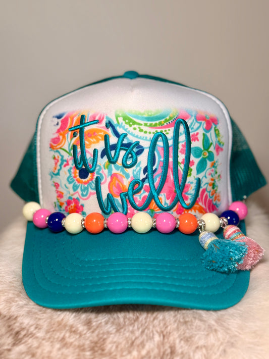 It Is Well Floral Trucker Hat | Christian Boutique Hat | Colorful Faith Hat with Beaded Tassels