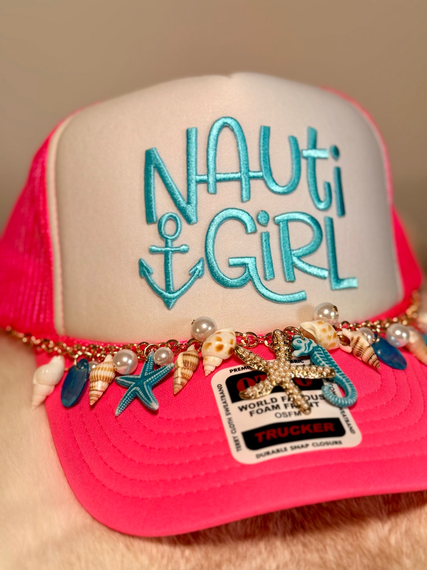 Nauti Girl Coastal Trucker Hat | Pink Beach Hat with Shell Charm Chain | Summer Glam Foam Trucker Cap
