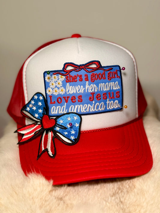 Loves Jesus & America Too Trucker Hat – Patriotic Christian Hat, Country Girl Hat, 4th of July Hat