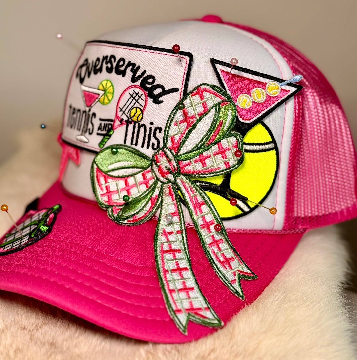 Overserved Tennis & Tinis Trucker Hat | Pink Preppy Tennis Hat | Tennis Inspired Glam Cap