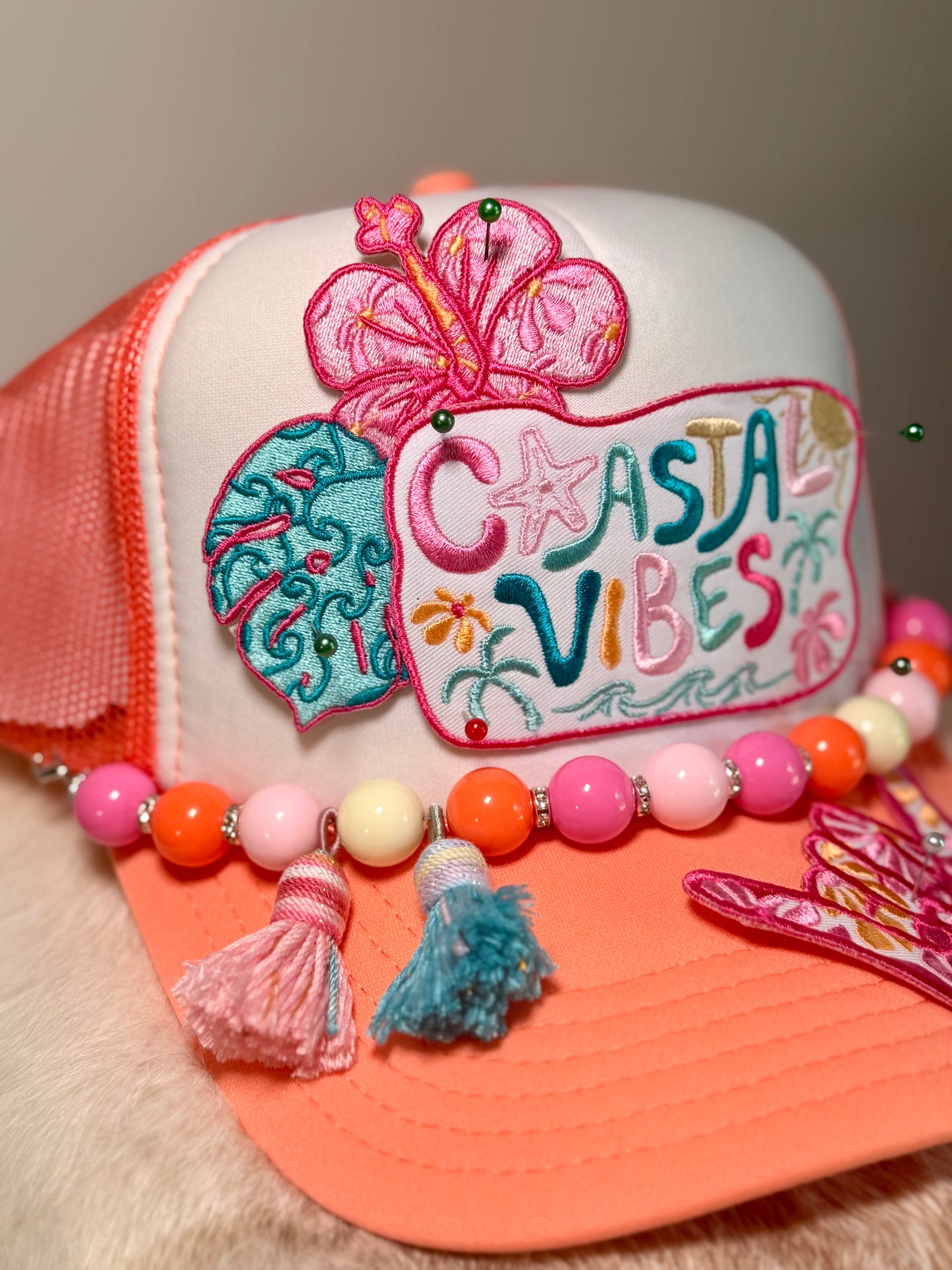 Coastal Vibes Trucker Hat | Beach Vacation Hat | Tropical Boutique Hat with Beaded Tassels