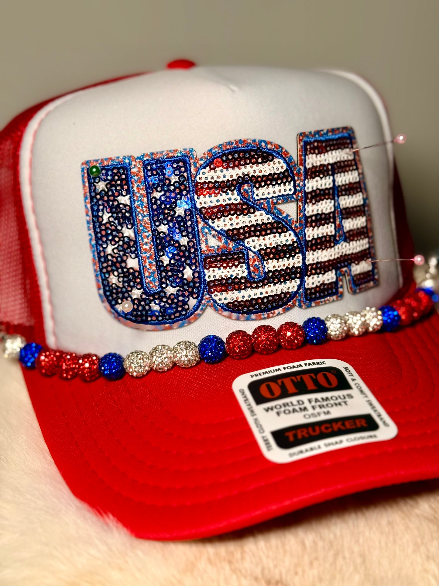 USA Sequin Trucker Hat | Patriotic Sparkle Hat | Red White Blue Glam Snapback