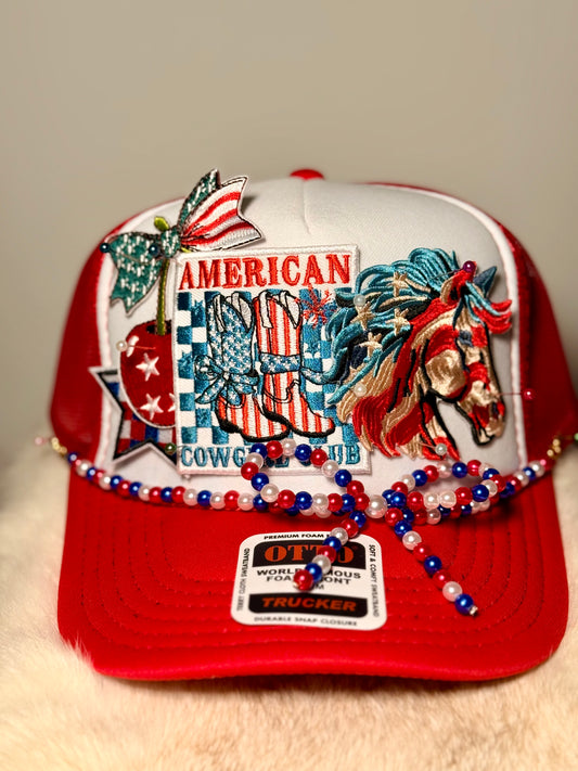 American Cowgirl Trucker Hat | Patriotic Western Hat | Red White Blue Rodeo Glam Snapback