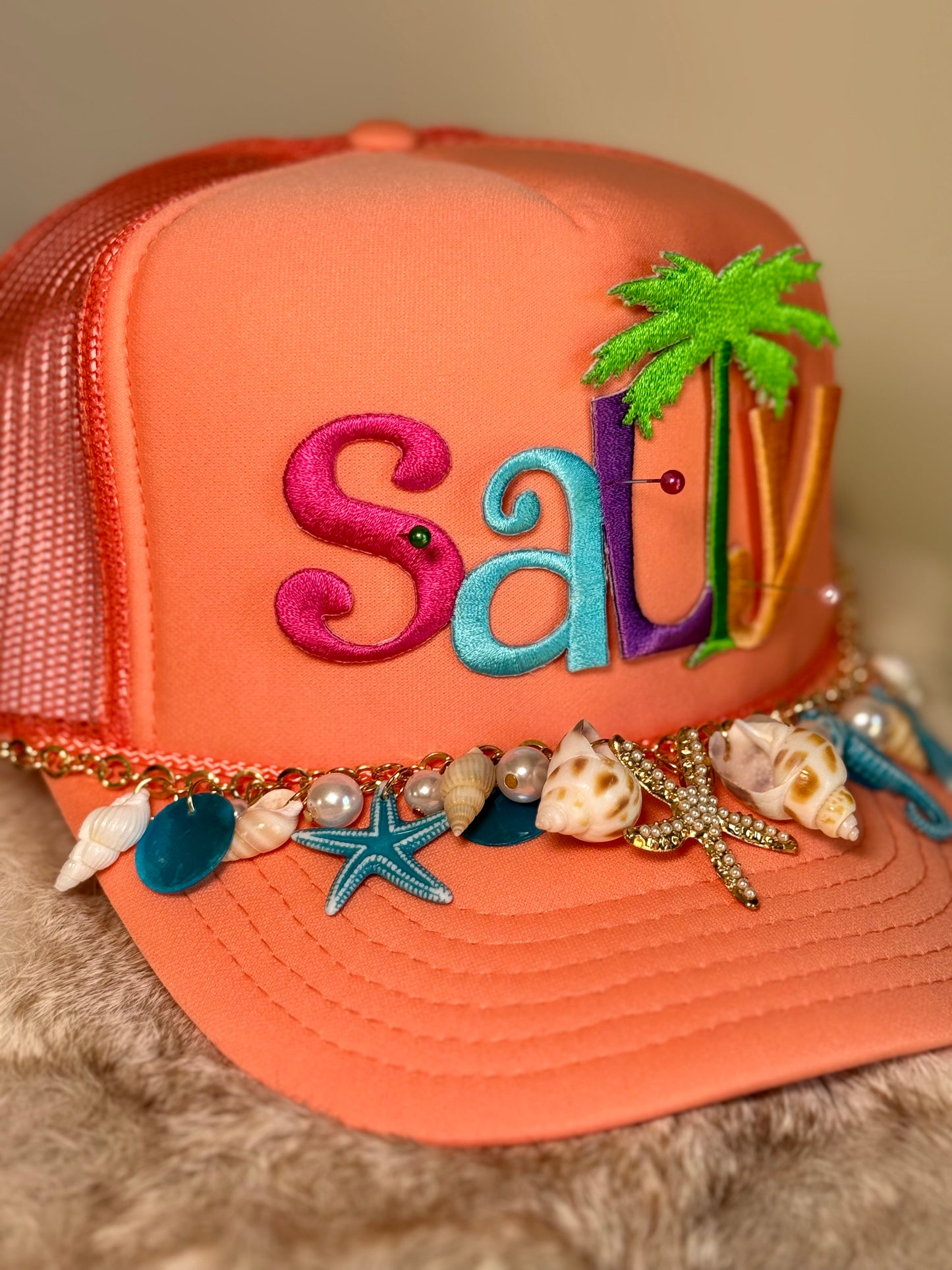 Salty Coastal Trucker Hat | Orange Beach Glam Hat | Shell Embellished Summer Snapback