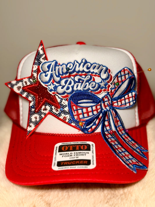 American Babe Trucker Hat | Patriotic Bow Hat | Red White Blue Sparkle Snapback