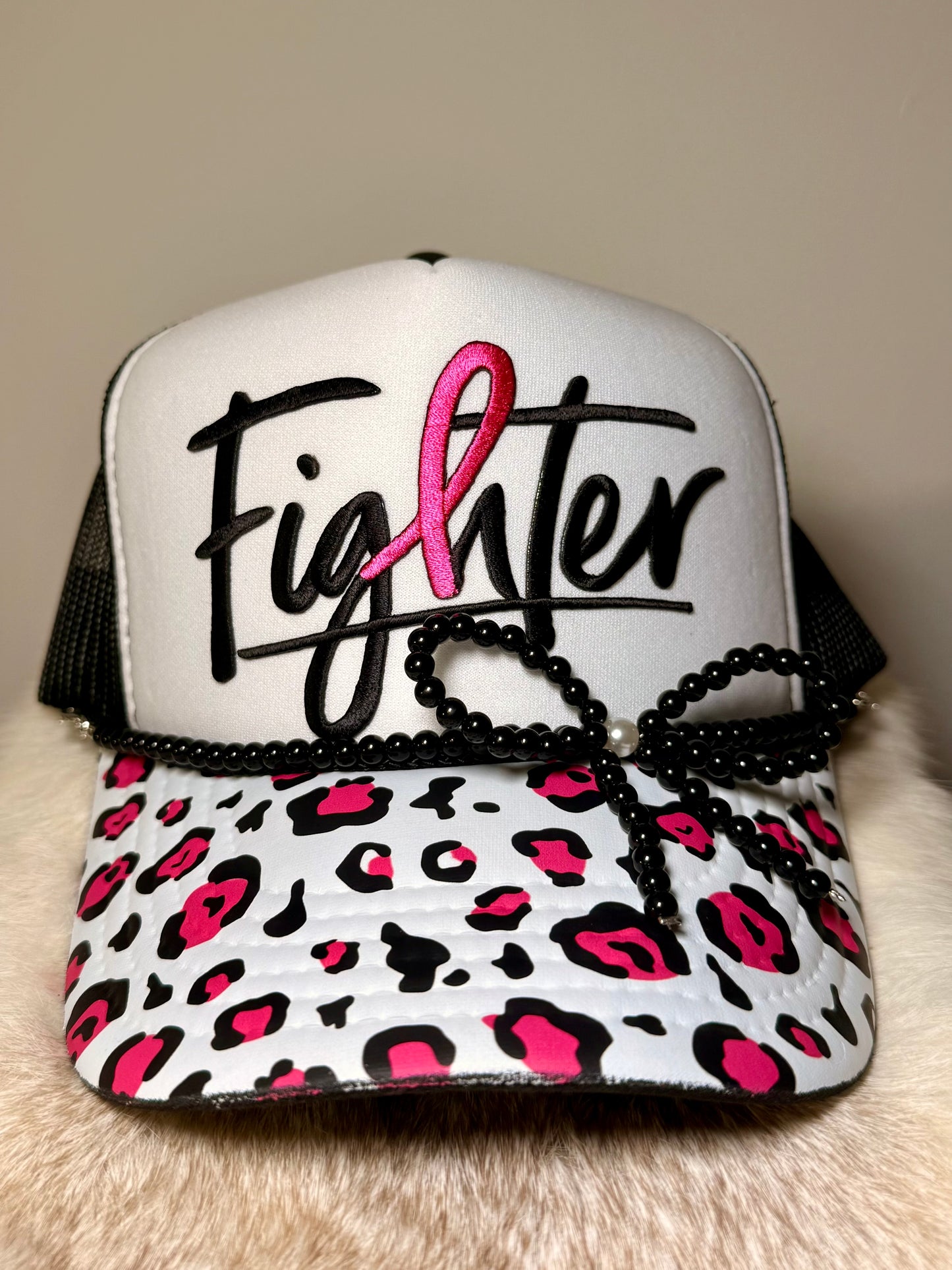 Breast Cancer Awareness Fighter Trucker Hat | Pink Ribbon Leopard Hat | Black & Pink Trucker Hat