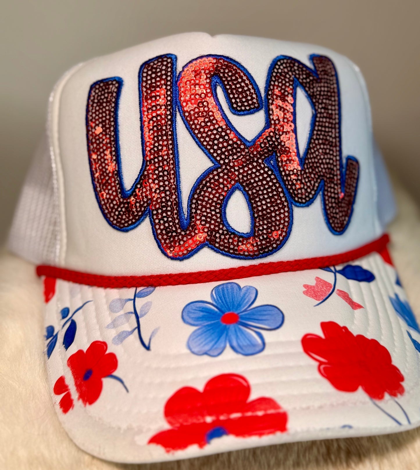 USA Rhinestone Trucker Hat | Patriotic Floral Brim Hat | Red White Blue Boutique Snapback | Fourth of July Glam Hat