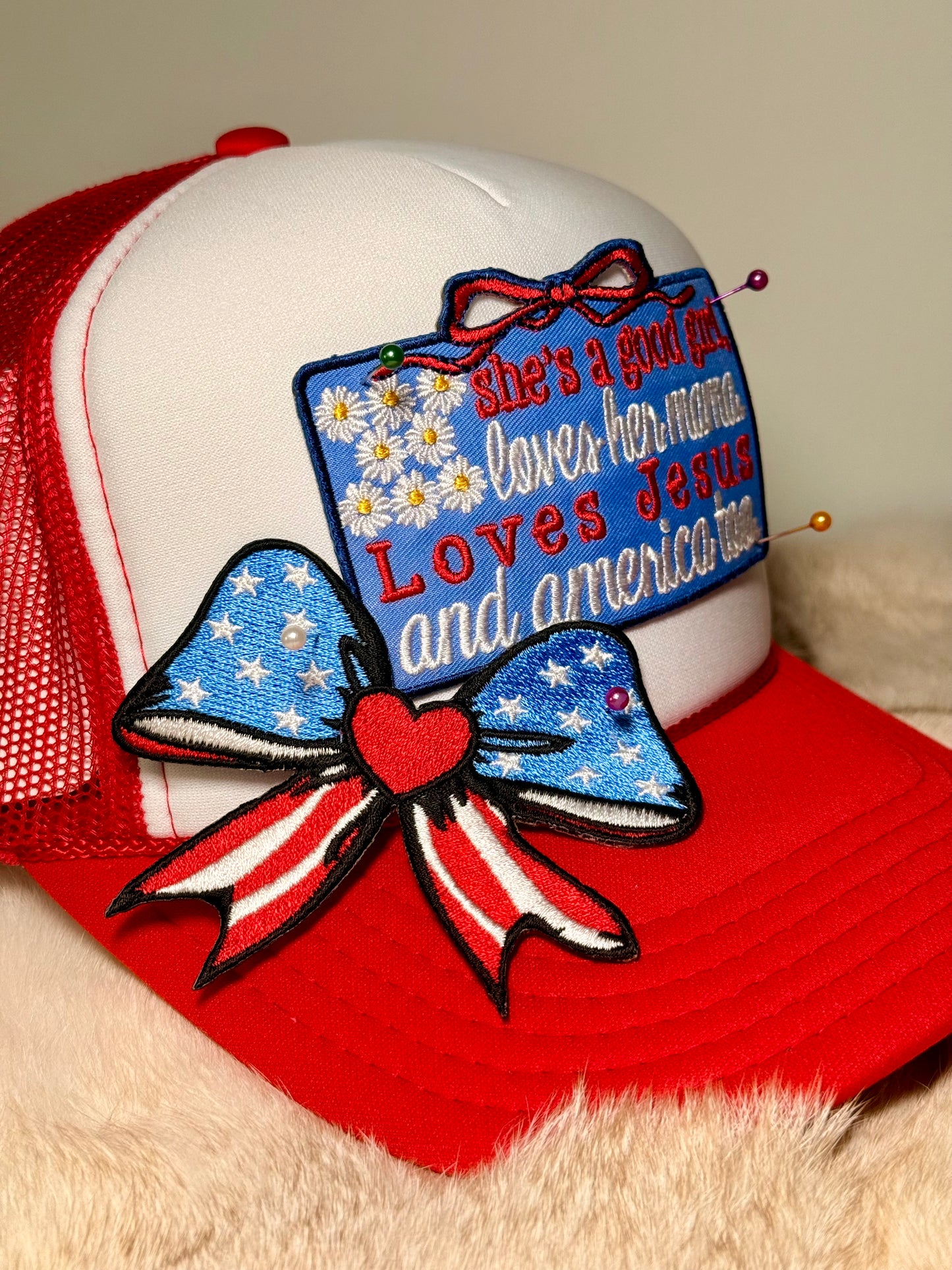 Loves Jesus & America Too Trucker Hat – Patriotic Christian Hat, Country Girl Hat, 4th of July Hat