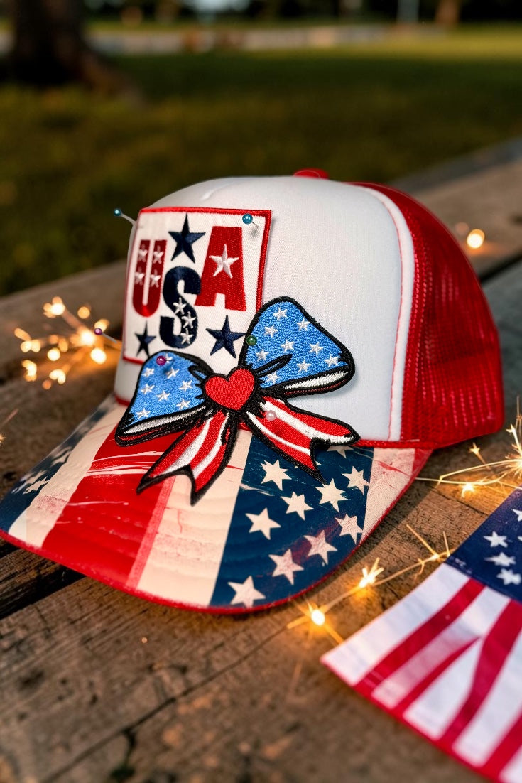 USA Patriotic Boutique Trucker Hat | Americana Bow Hat | Red White & Blue Fourth of July Snapback | Custom USA Hat