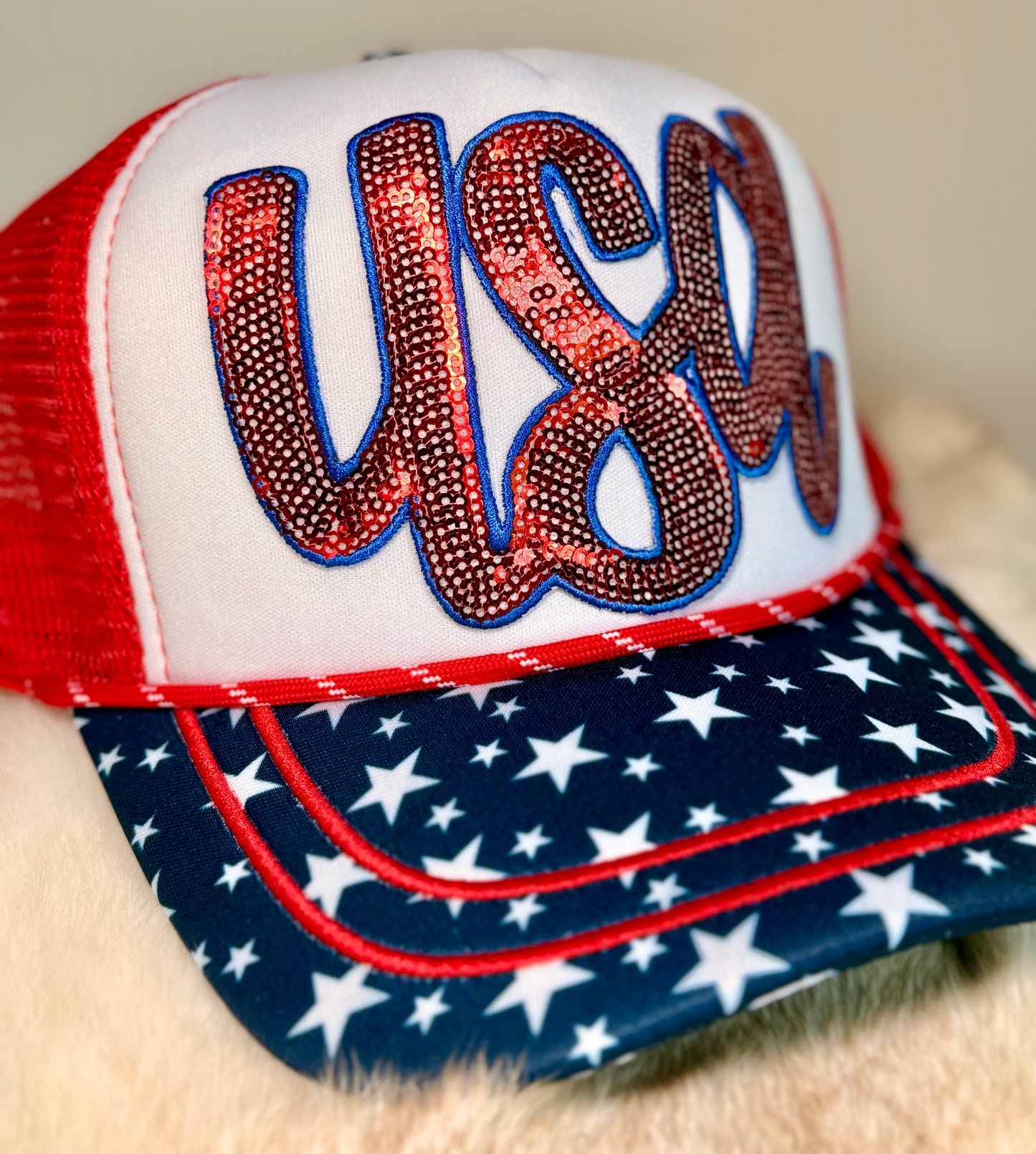 Rhinestone USA Trucker Hat | Patriotic Sparkle Hat | Red White Blue Boutique Snapback | Fourth of July Glam Hat