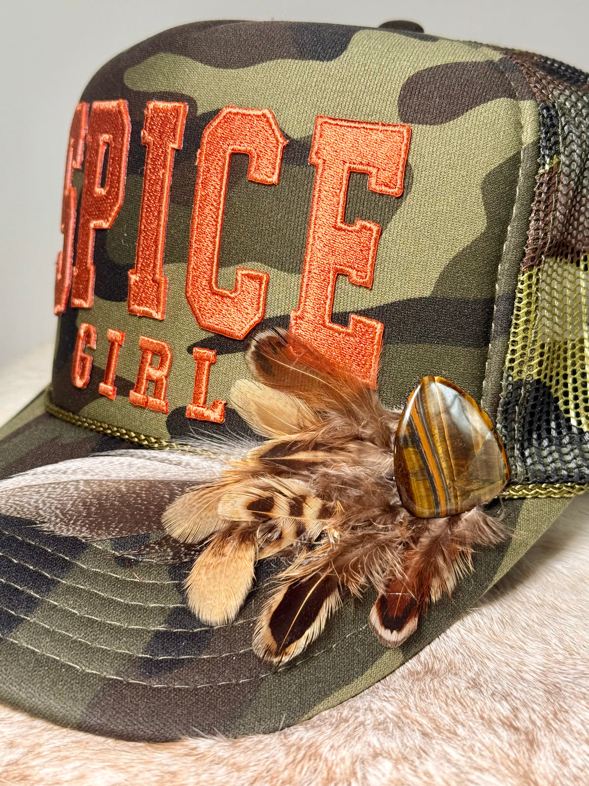 Spice Girl Fall Trucker Hat | Camo Feather Hat with Guitar Pick | Autumn Country Trucker Hat | Western Fall Hat
