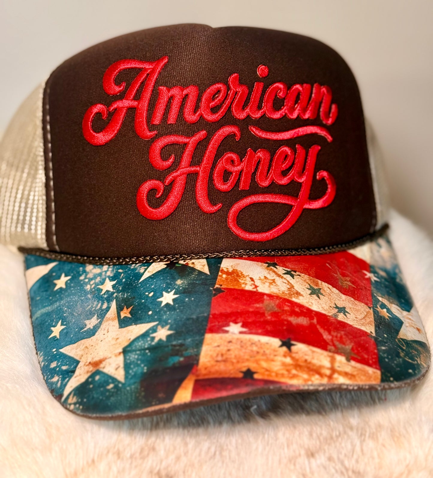 American Honey Patriotic Trucker Hat | USA Flag Brim Country Hat | Western American Snapback