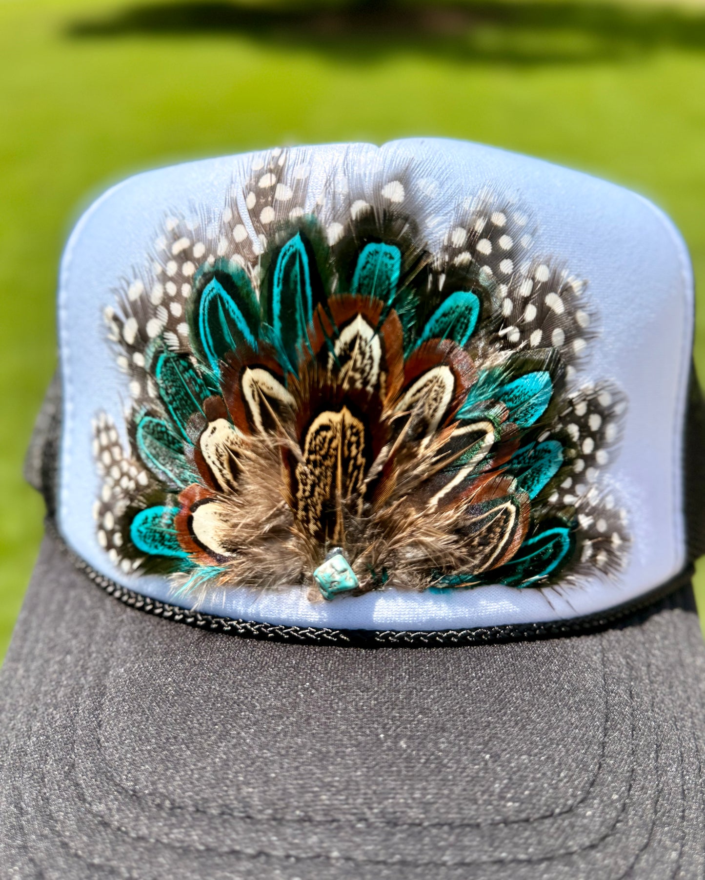 Turquoise Feather Trucker Hat | Western Feather Hat | Boho Cowgirl Hat | Statement Trucker Cap