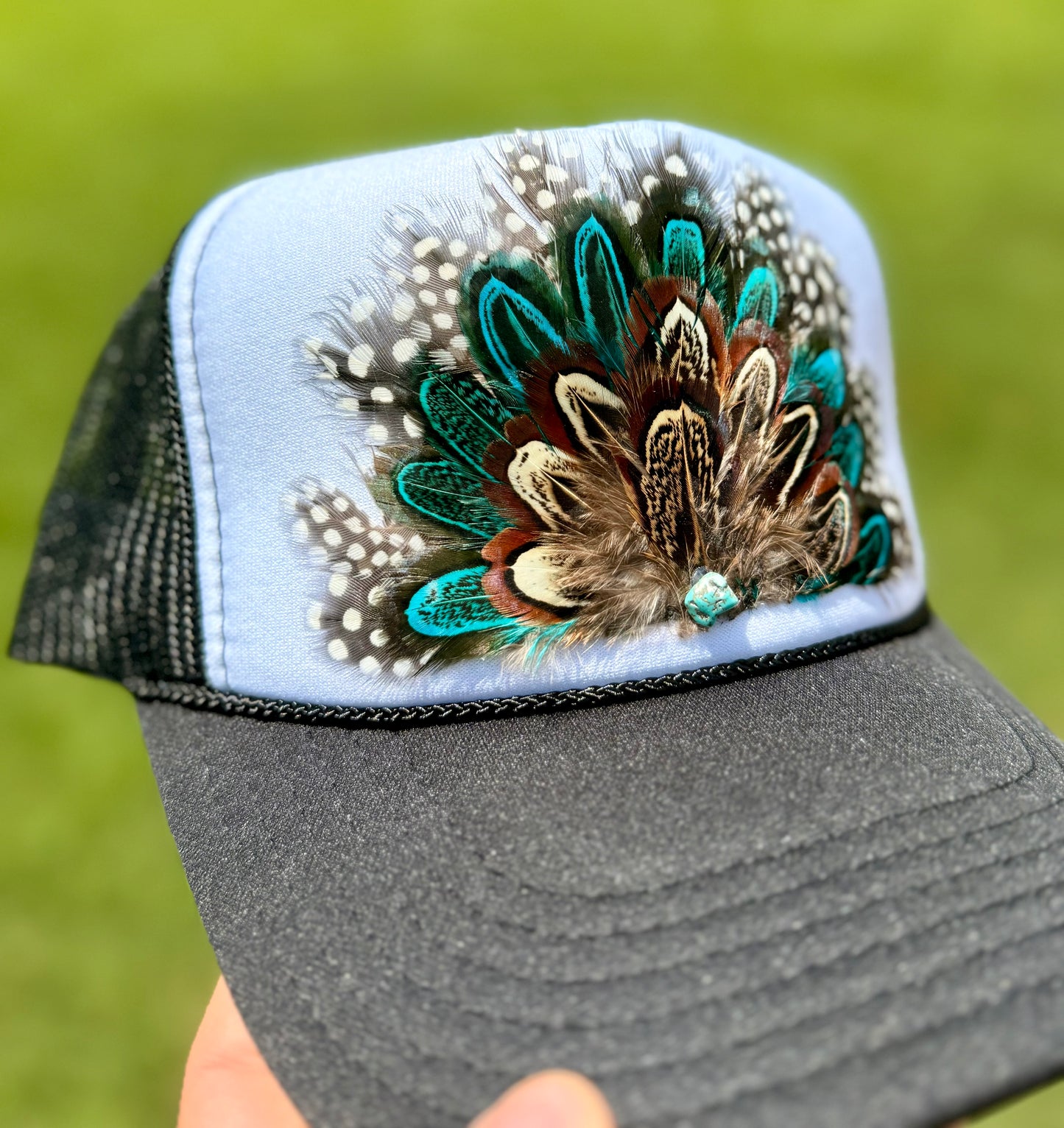 Turquoise Feather Trucker Hat | Western Feather Hat | Boho Cowgirl Hat | Statement Trucker Cap