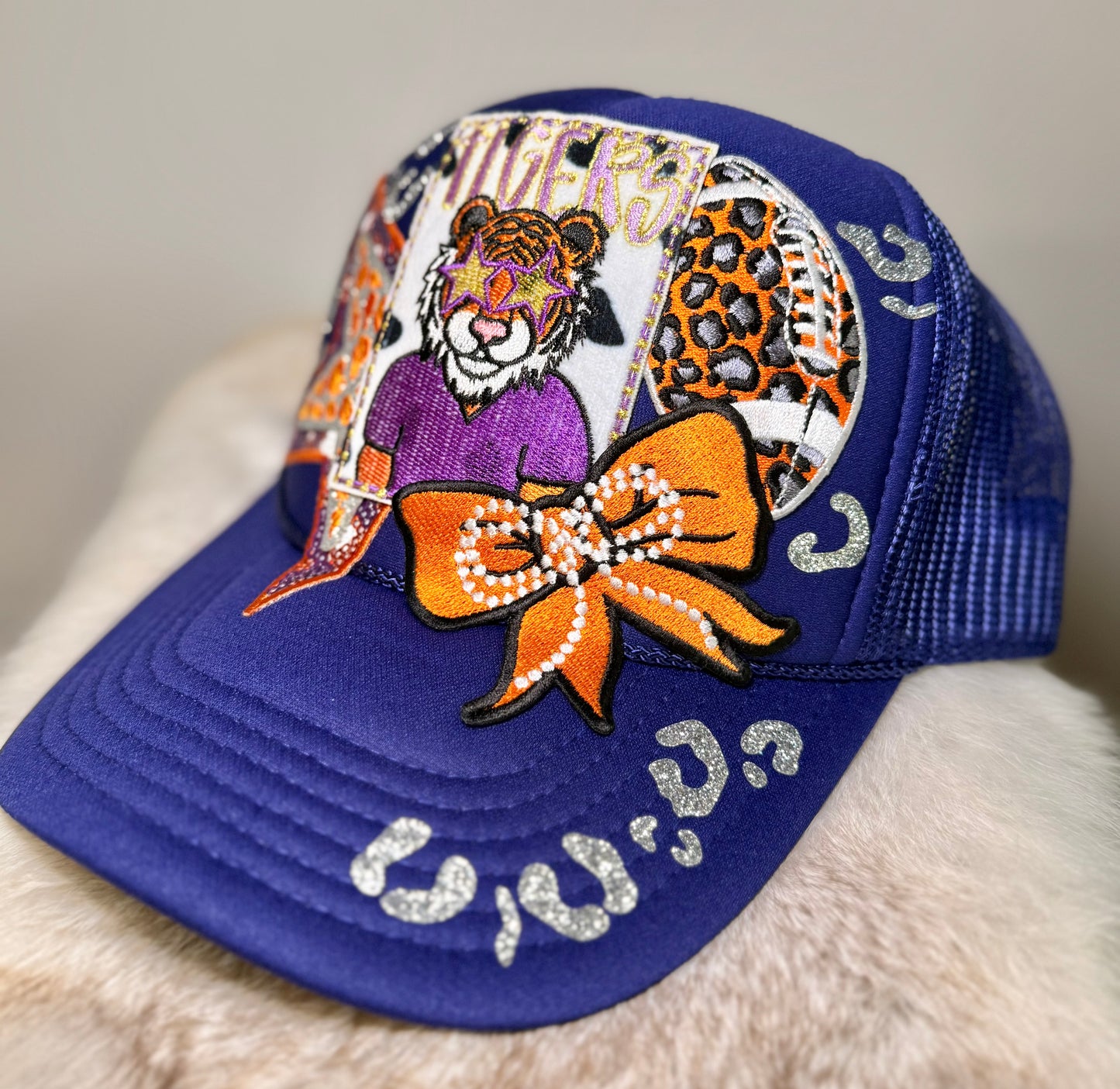 Tiger Game Day Trucker Hat | Purple & Orange Football Hat | Bling Tiger Fan Hat | Handmade Game Day Cap