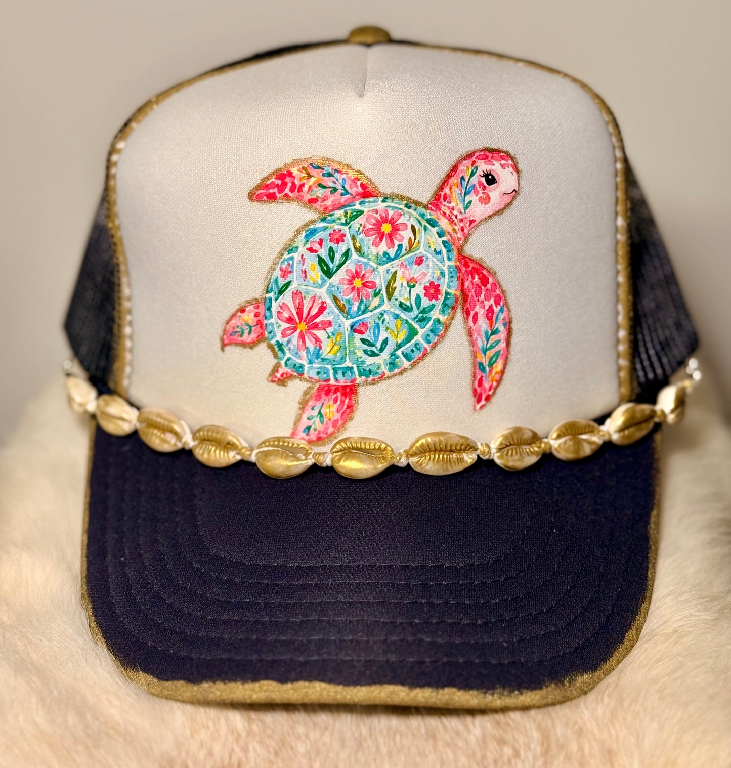 Gold Painted Coastal Sea Turtle Trucker Hat | Floral Turtle Beach Hat | Boutique Shell Trim Snapback