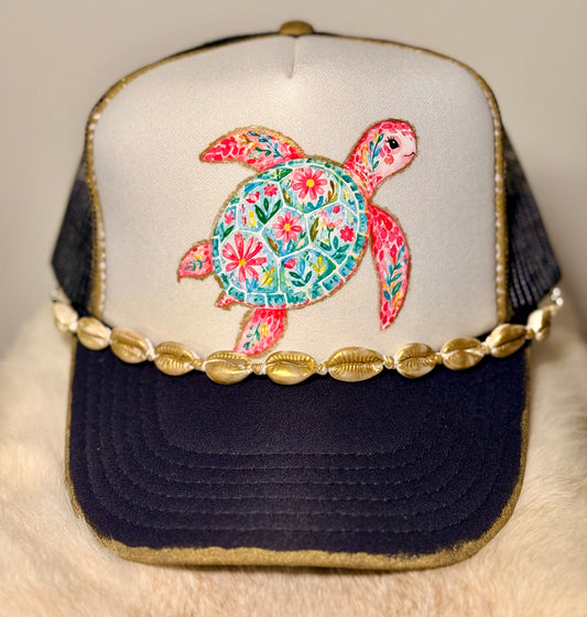 Gold Painted Coastal Sea Turtle Trucker Hat | Floral Turtle Beach Hat | Boutique Shell Trim Snapback