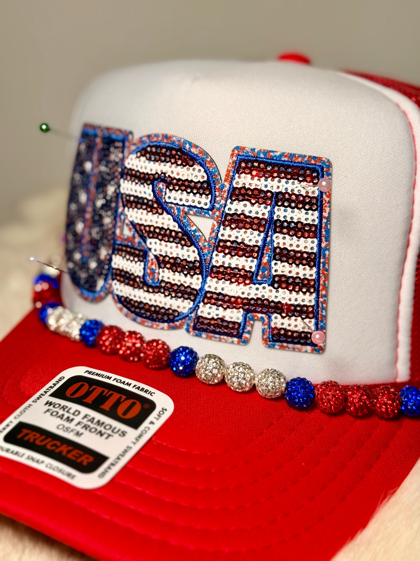USA Sequin Trucker Hat | Patriotic Sparkle Hat | Red White Blue Glam Snapback