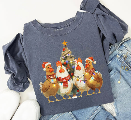 Christmas Chickens & Tree Holiday Comfort Colors Tee