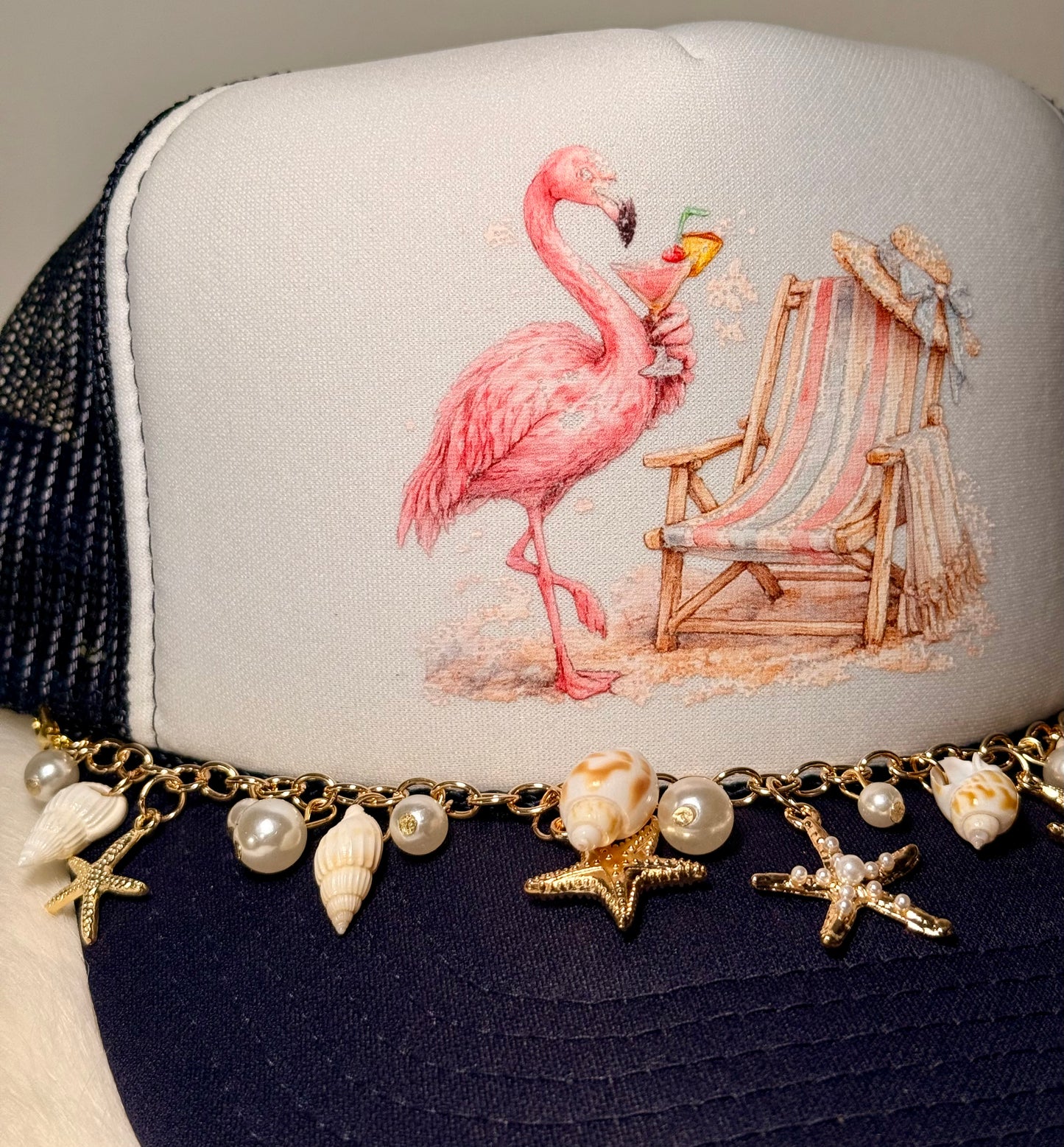 Custom Coastal Flamingo Trucker Hat | Boutique Beach Chair Hat with Shell Charm Chain | One-of-a-Kind Summer Snapback