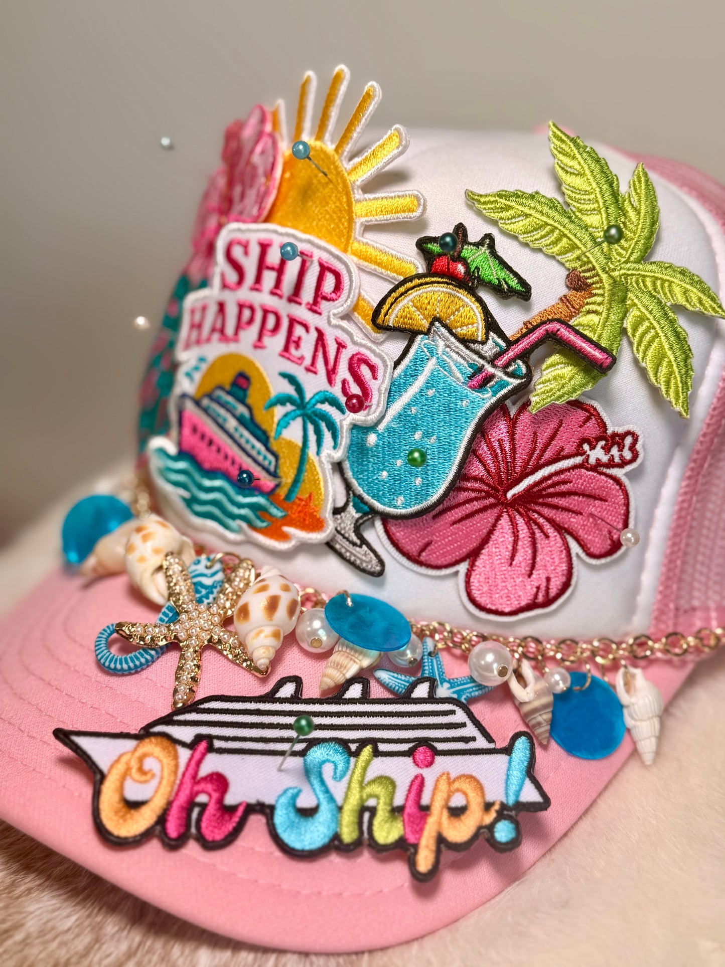 Oh Ship Cruise Trucker Hat | Cruise Vacation Hat | Tropical Beach Hat with Seashell Beaded Trim