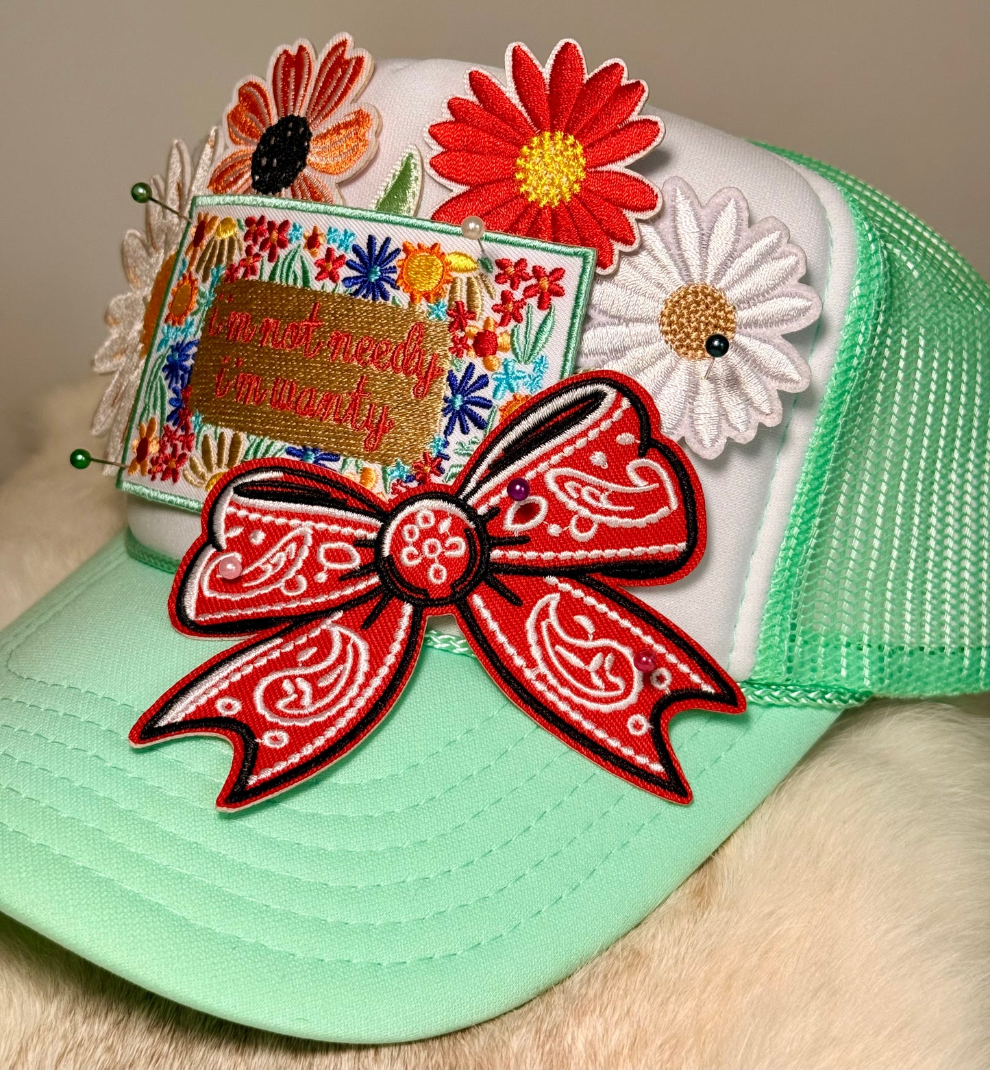 I’m Not Needy I’m Wanty Trucker Hat | Floral Cowgirl Hat with Red Bandana Bow | Funny Boutique Hat