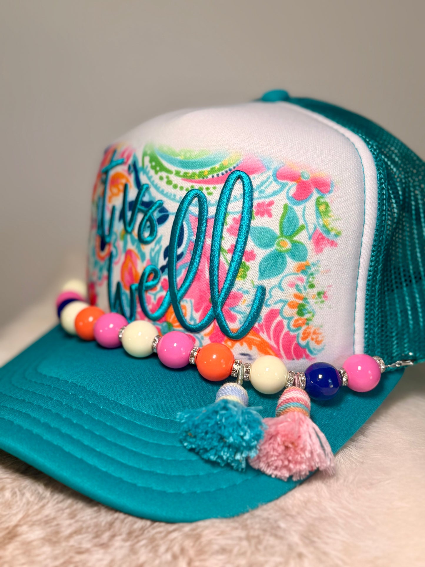 It Is Well Floral Trucker Hat | Christian Boutique Hat | Colorful Faith Hat with Beaded Tassels