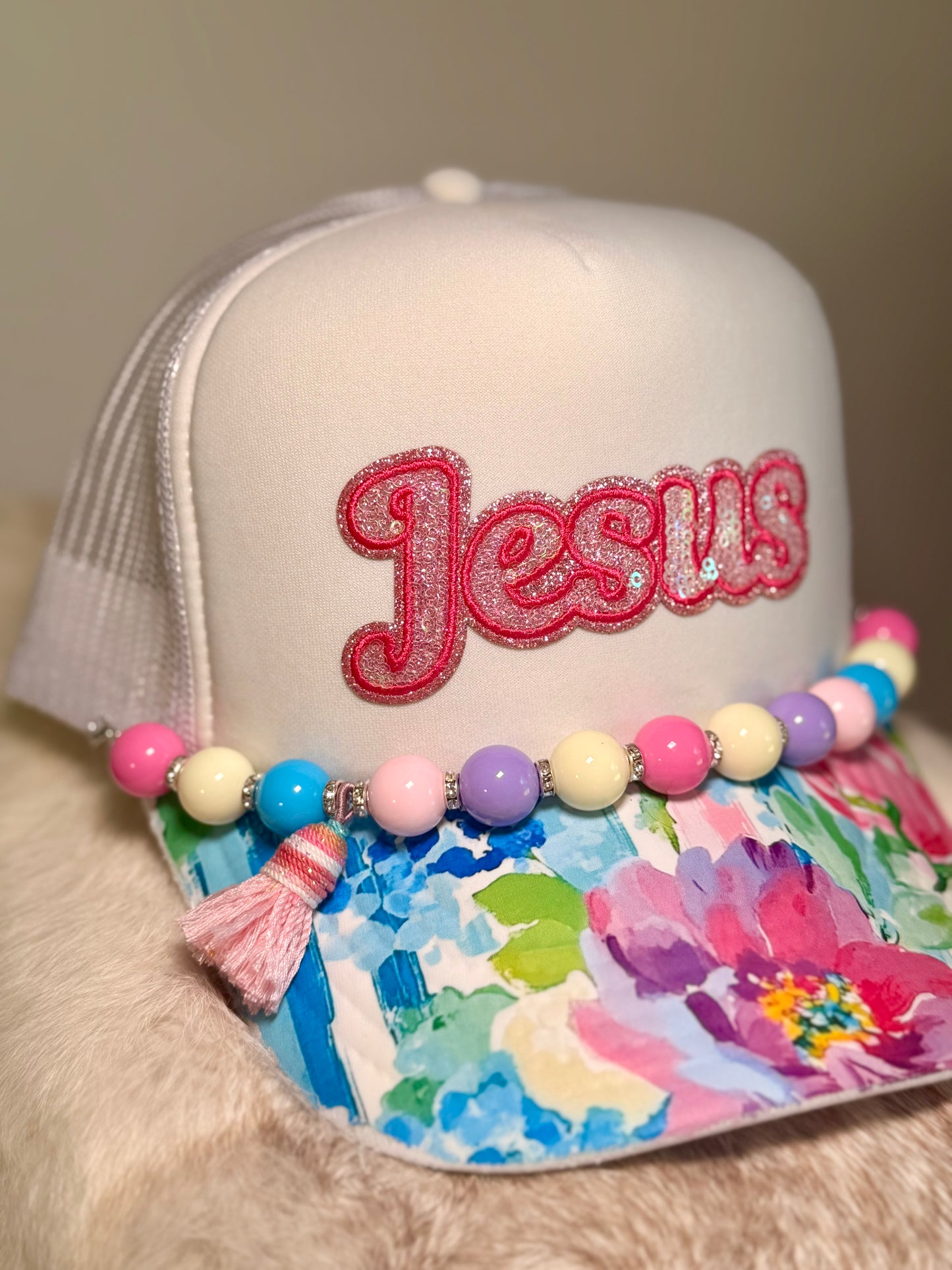Jesus Floral Trucker Hat | Christian Boutique Hat | Pink Sequin Faith Hat with Beaded Tassel