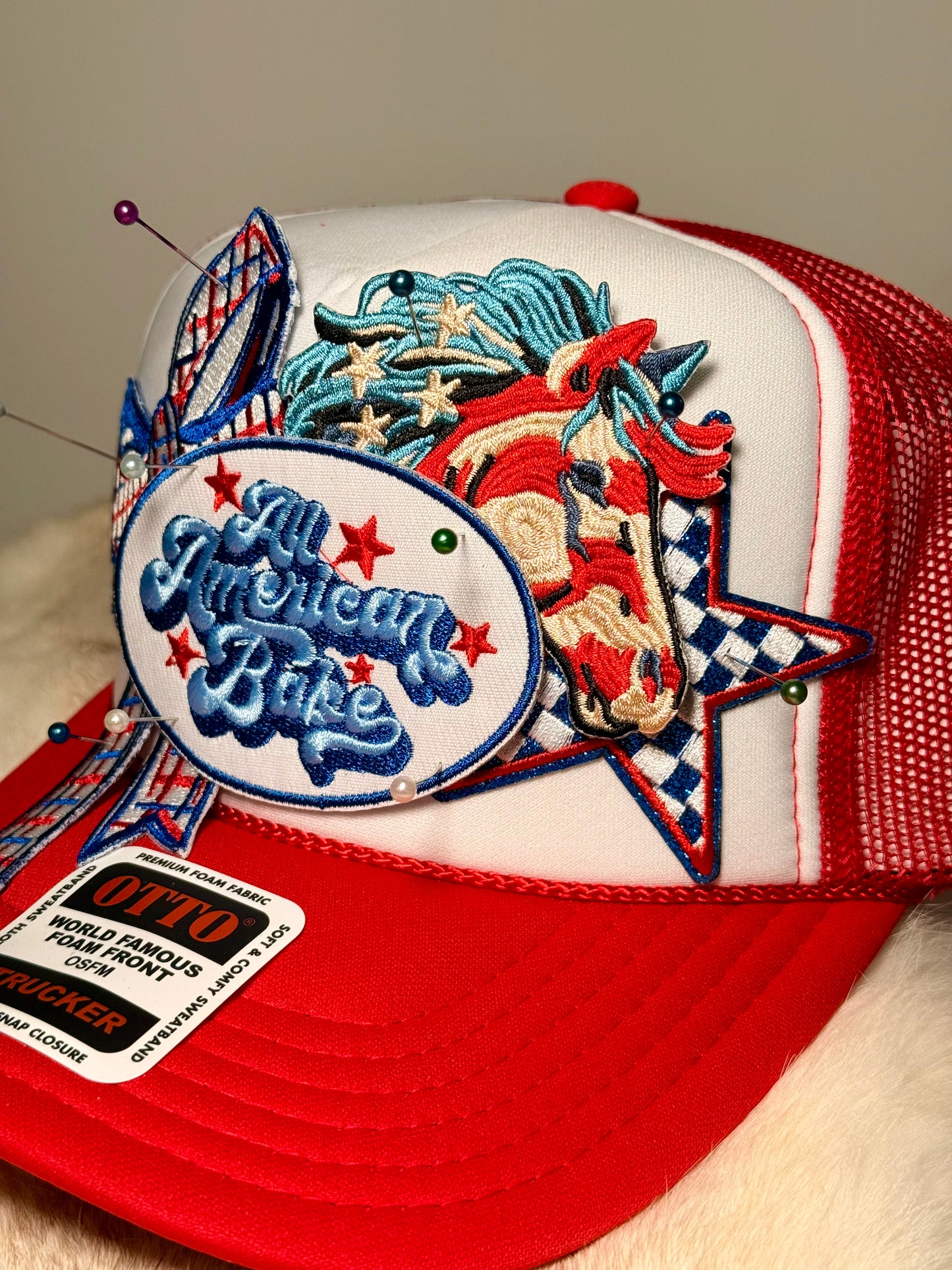 All American Babe Trucker Hat | Patriotic Cowgirl Hat | Red White Blue Western Snapback