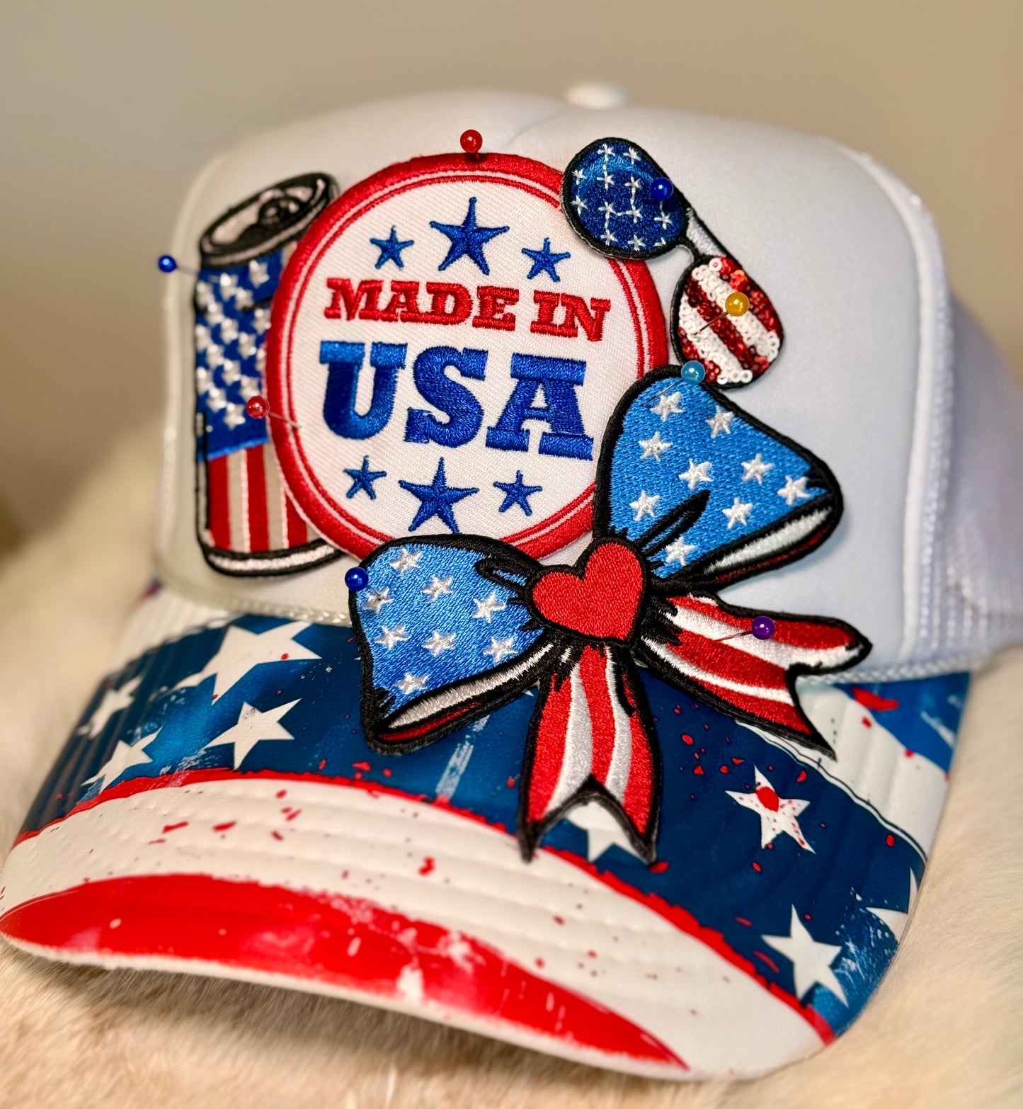 Made in USA Patriotic Trucker Hat | Americana Bow Hat | Fourth of July Boutique Cap