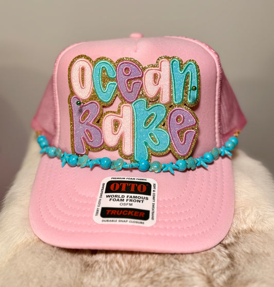 Ocean Babe Trucker Hat | Pink Coastal Glam Hat | Beachy Pastel Summer Snapback