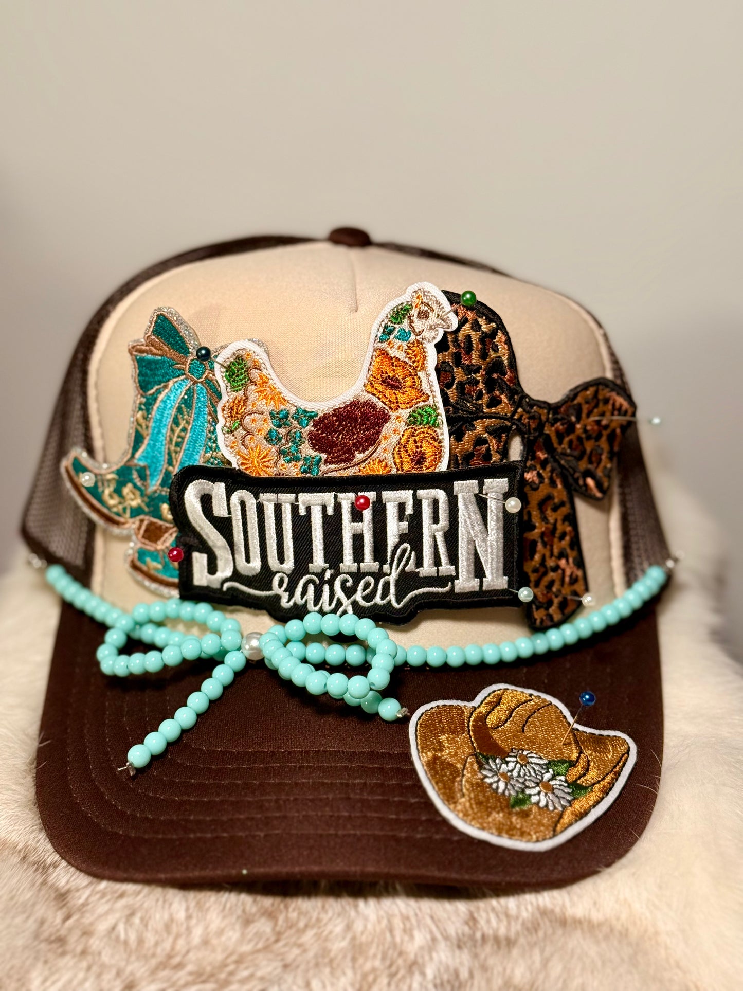 Southern Raised Hen & Leopard Bow Trucker Hat – Farmhouse Glam Western Cap