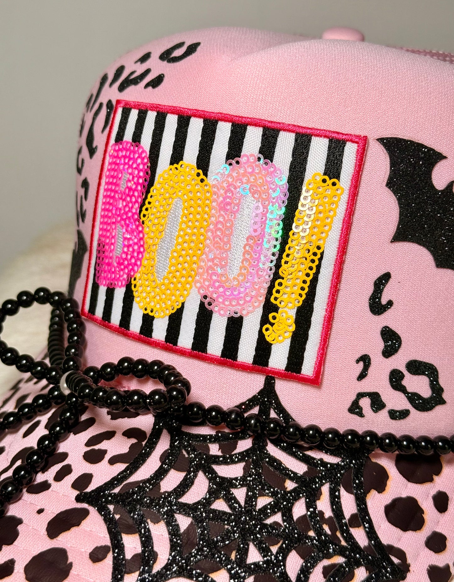 Pink Boo Halloween Trucker Hat | Sequin Boo Hat | Pink Leopard Halloween Hat | Spooky Season Trucker Hat