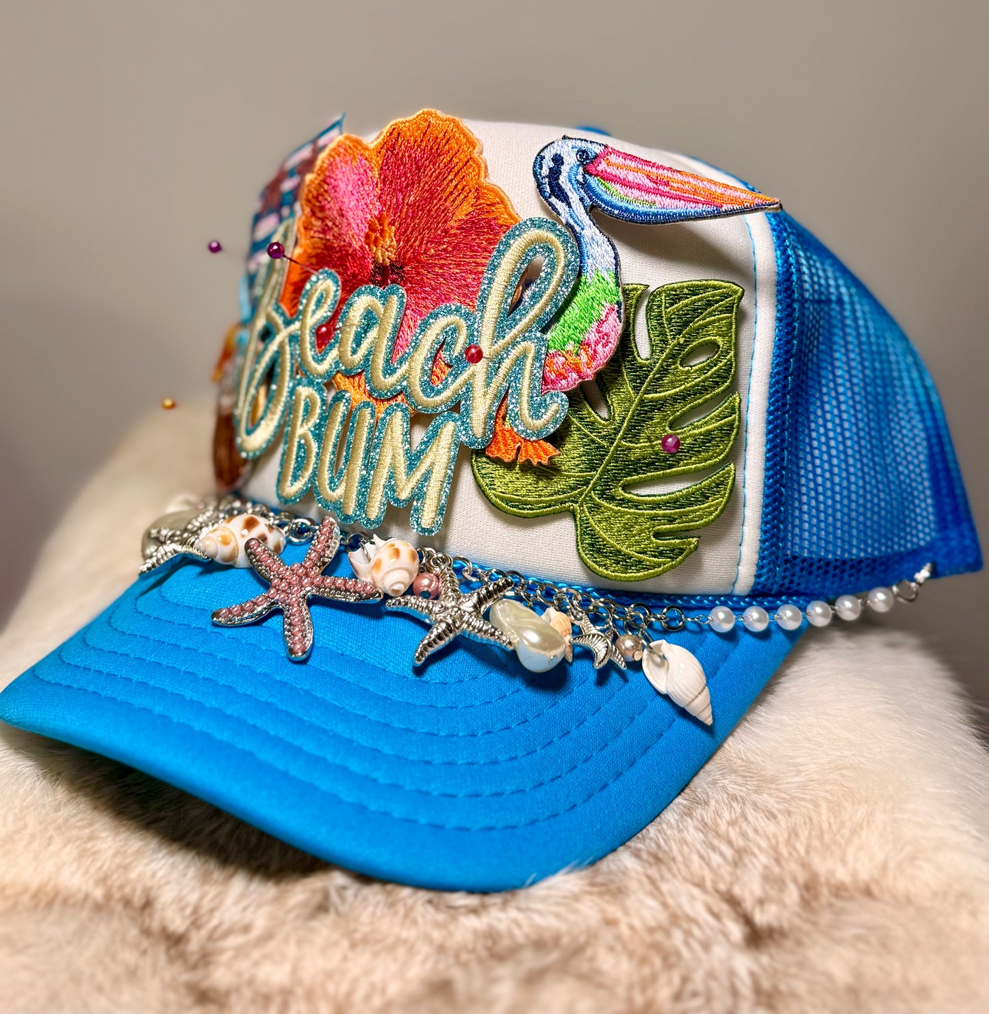 Beach Bum Coastal Glam Trucker Hat | Blue Tropical Shell Hat | Summer Vacation Statement Cap