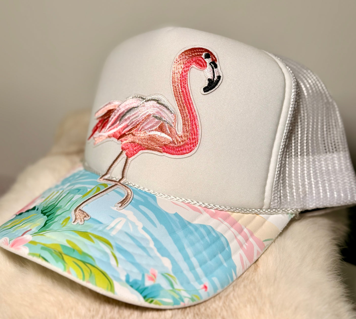 Pink Flamingo Tropical Trucker Hat | Beach Boutique Hat | Coastal Summer Snapback | Flamingo Beach Hat for Women