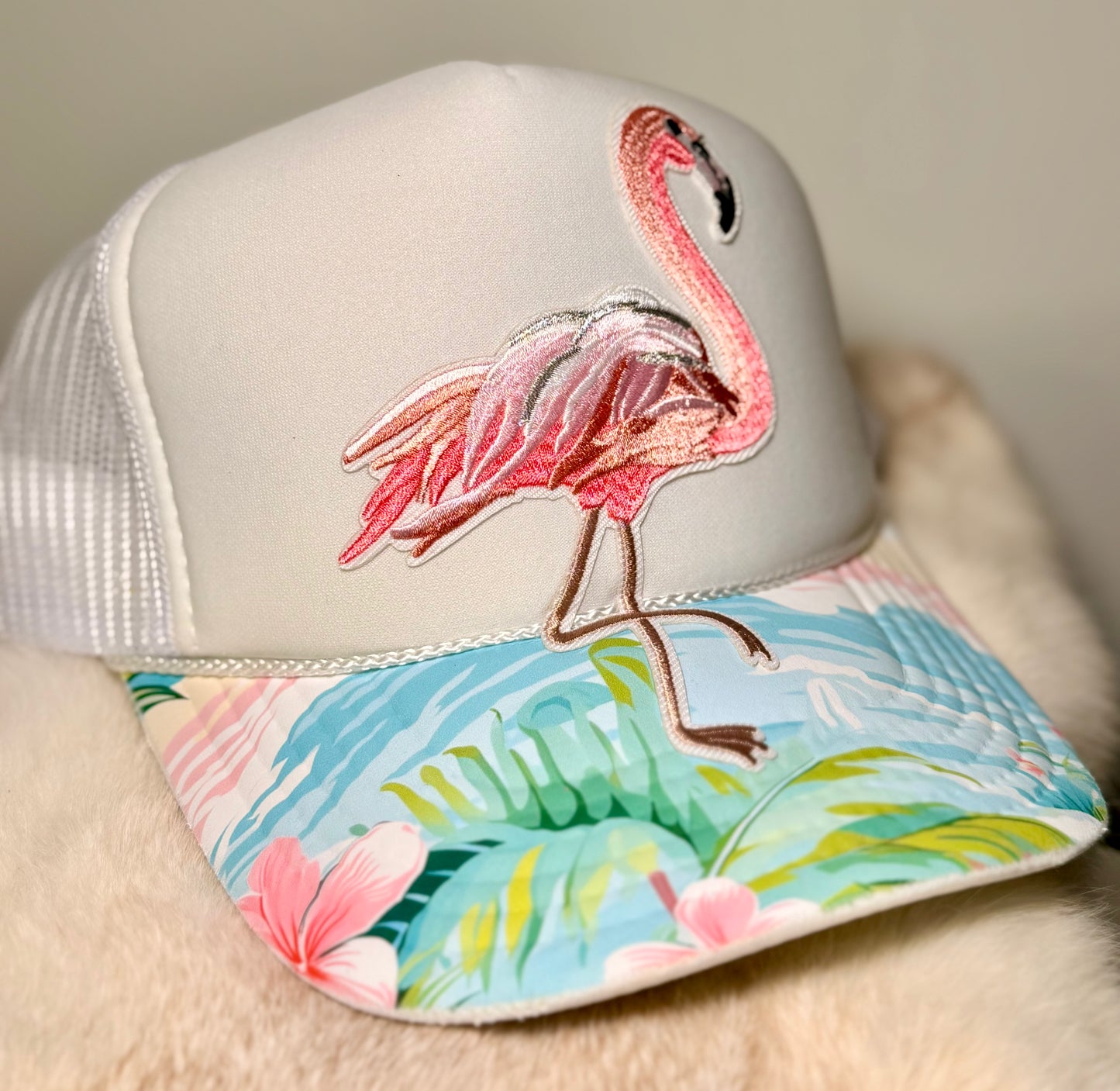 Pink Flamingo Tropical Trucker Hat | Beach Boutique Hat | Coastal Summer Snapback | Flamingo Beach Hat for Women