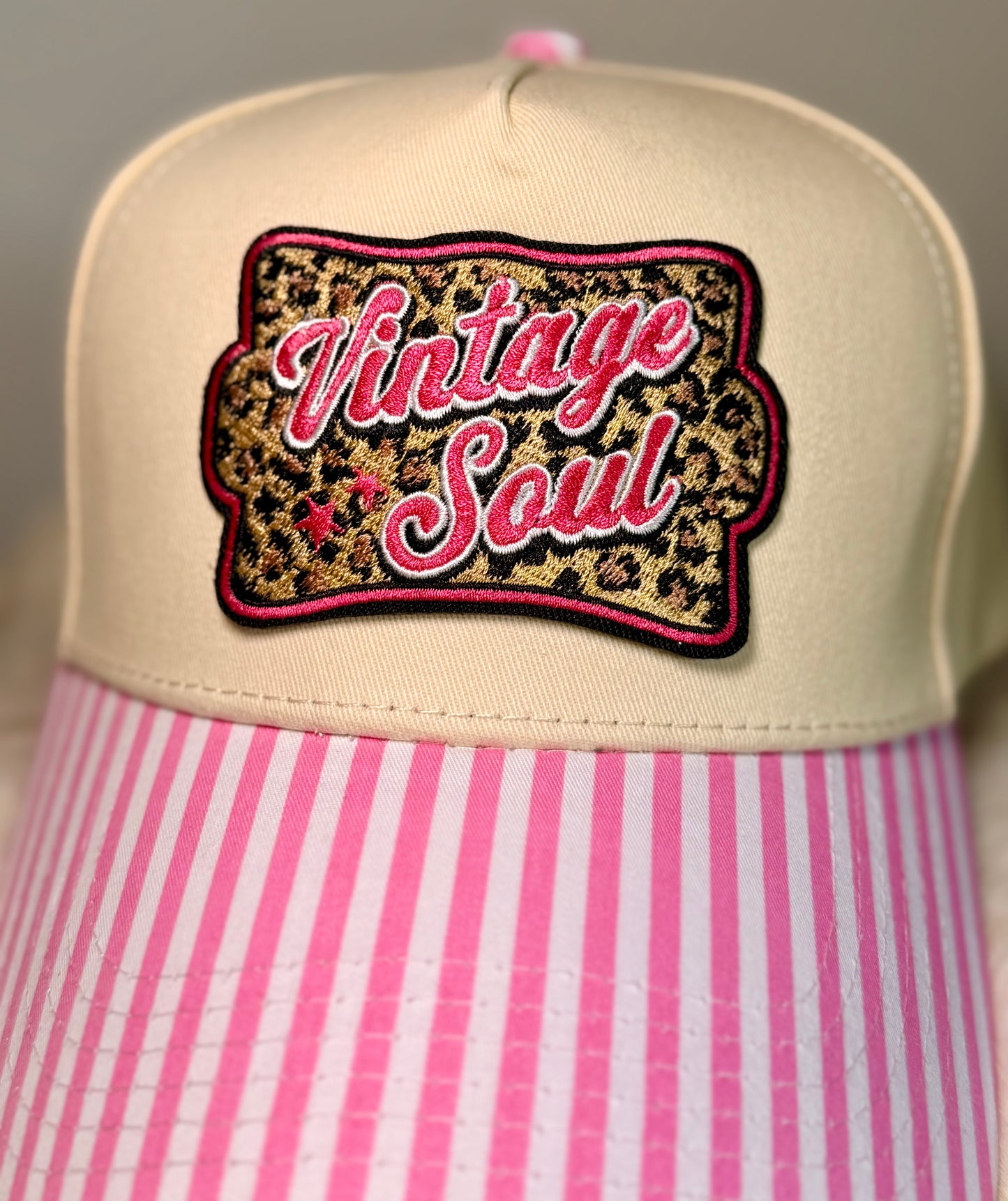Vintage Soul Trucker Hat | Pink Stripe Boutique Hat with Leopard Patch | Girly Western Glam Snapback