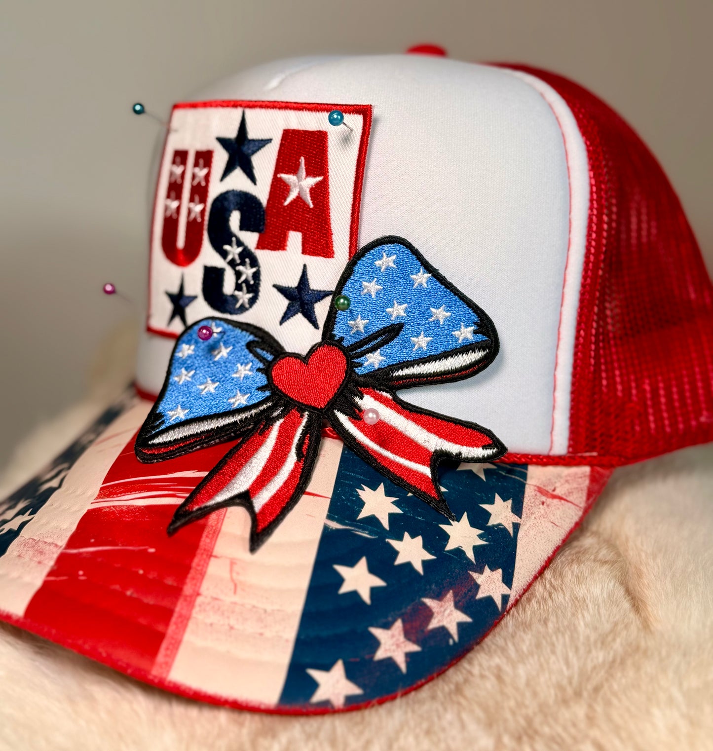 USA Patriotic Boutique Trucker Hat | Americana Bow Hat | Red White & Blue Fourth of July Snapback | Custom USA Hat