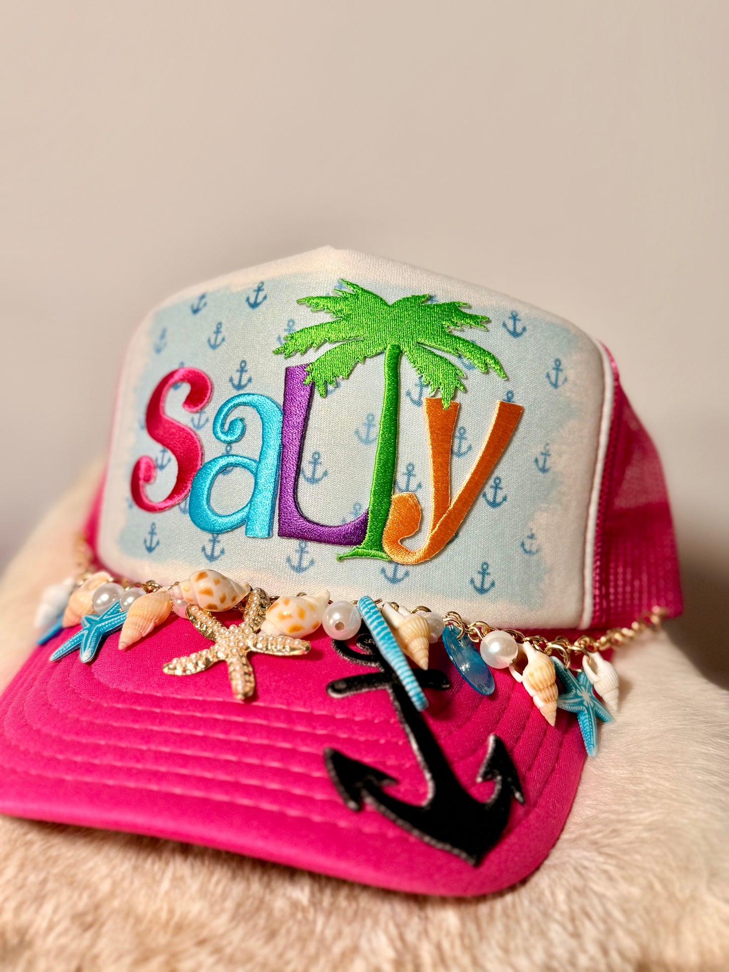 Salty Beach Trucker Hat | Coastal Glam Shell Hat | Pink Tropical Summer Snapback