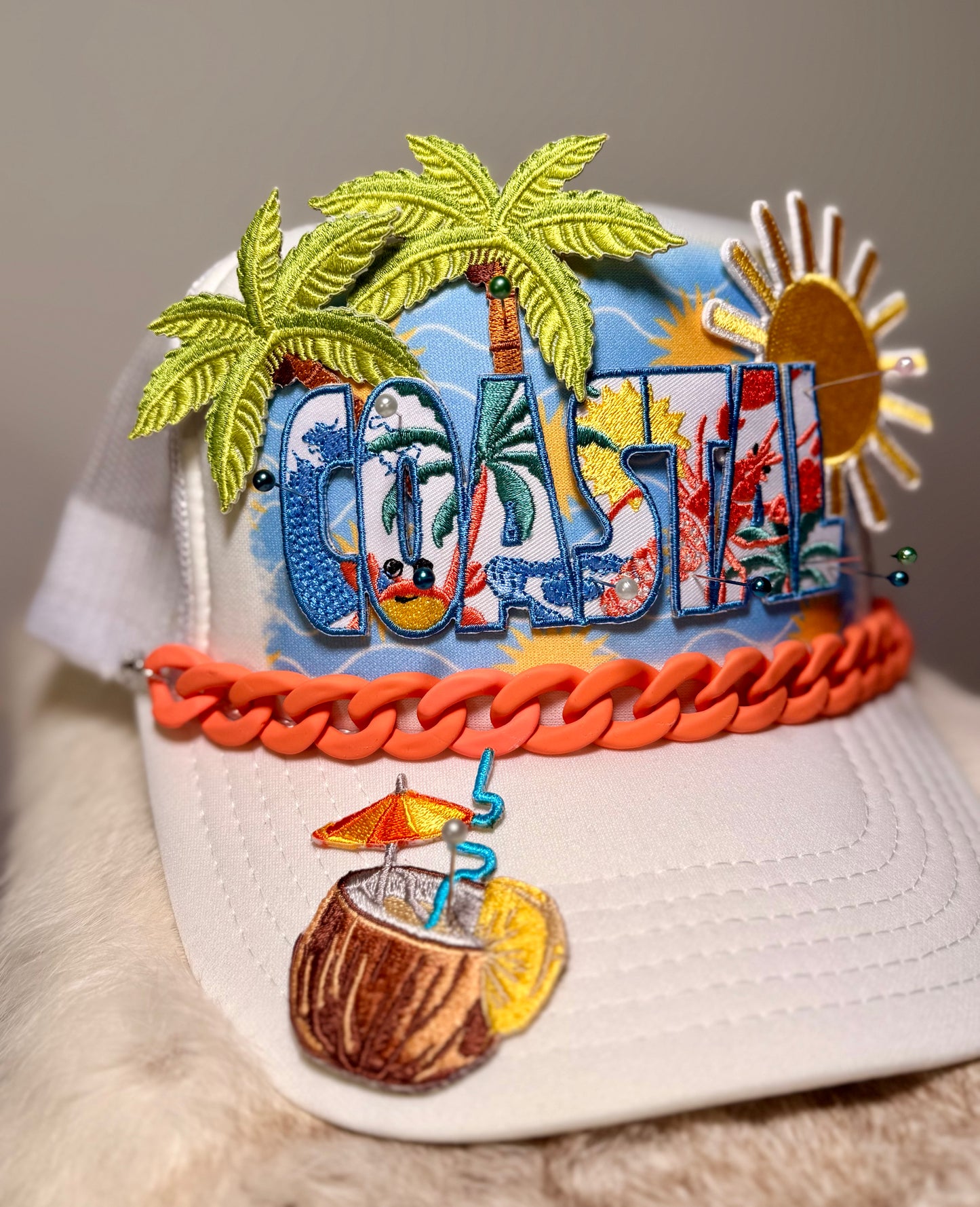Coastal Tropical Trucker Hat | Beach Vibes Palm Tree Hat | Summer Coastal Glam Snapback