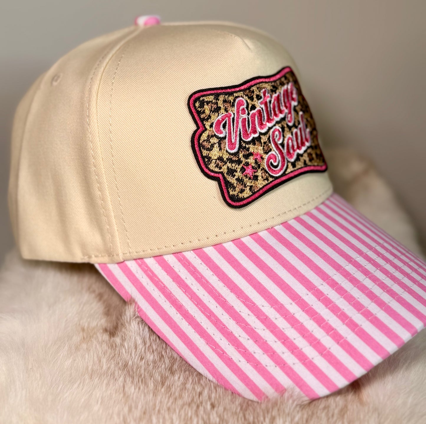 Vintage Soul Trucker Hat | Pink Stripe Boutique Hat with Leopard Patch | Girly Western Glam Snapback
