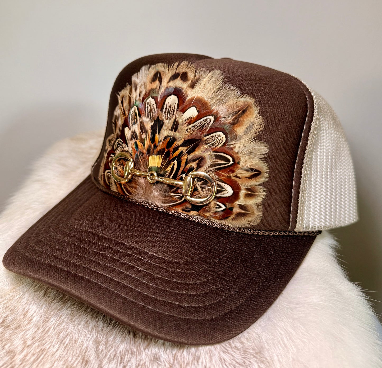 Brown Feather Trucker Hat | Western Horse Bit Hat | Boho Feather Hat | Cowgirl Trucker Hat | Equestrian Hat