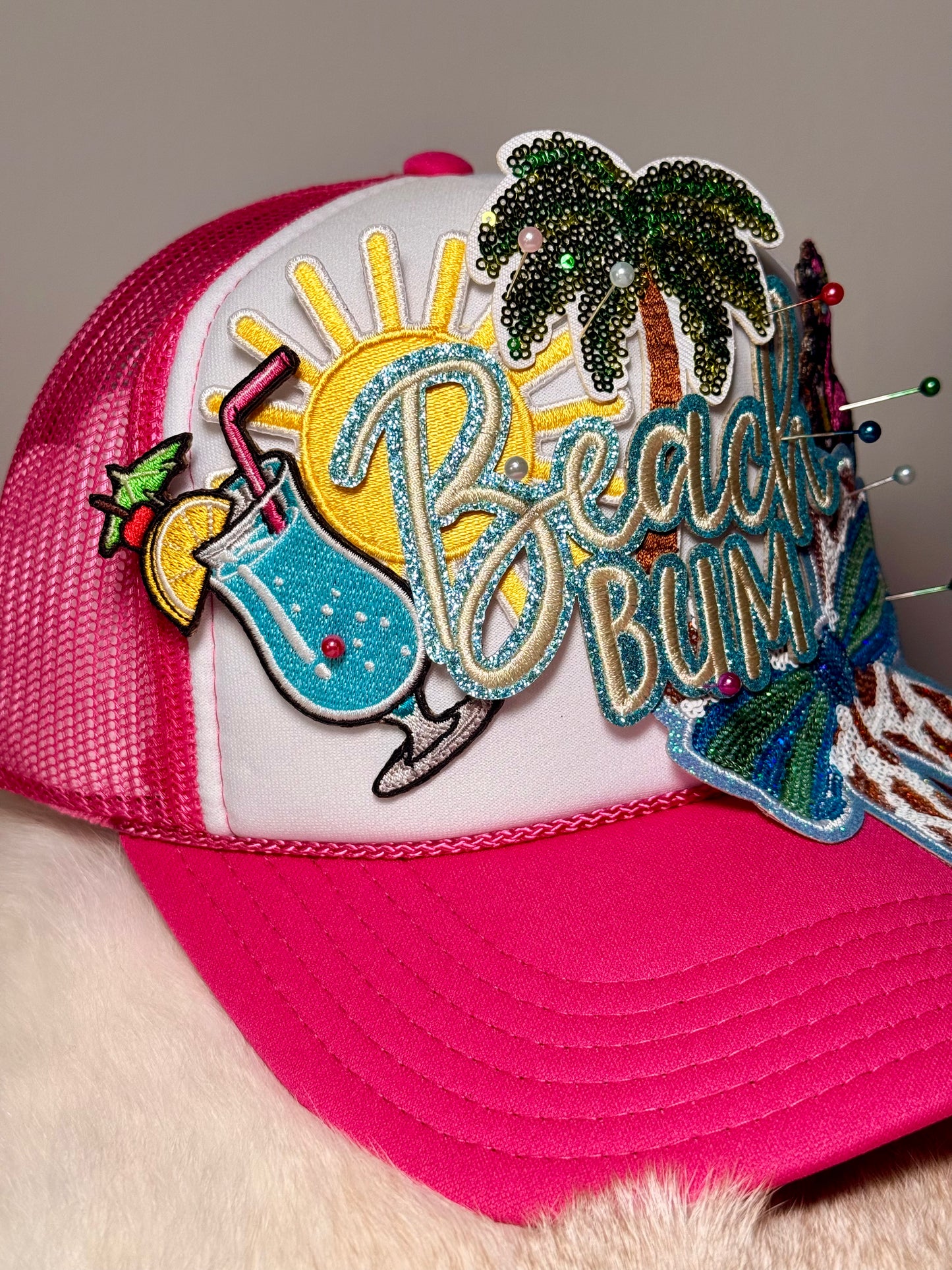 Beach Bum Trucker Hat – Tropical Beach Hat, Coastal Cowgirl Hat, Summer Vacation Hat for Women