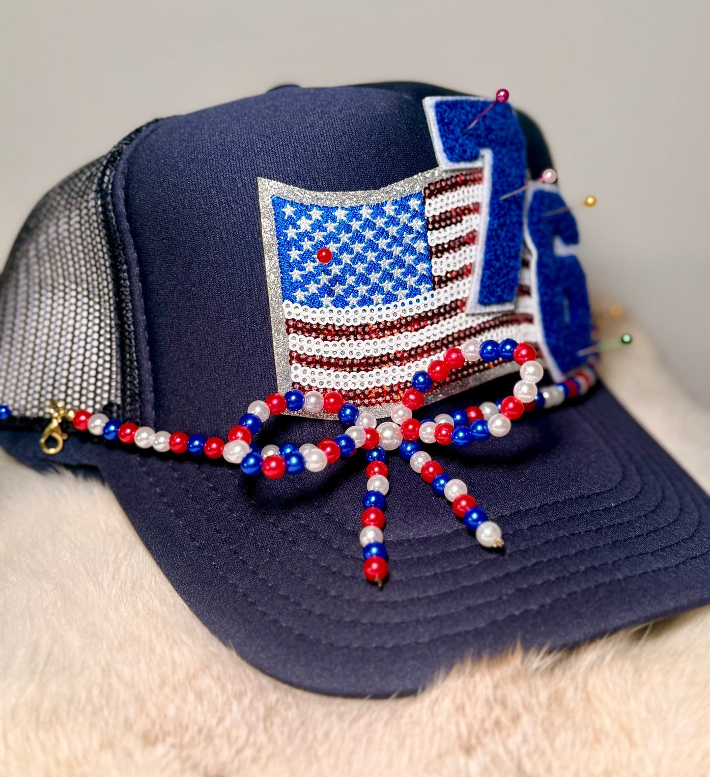Patriotic 76 Trucker Hat | Americana USA Flag Hat | Red White & Blue Beaded Bow Hat
