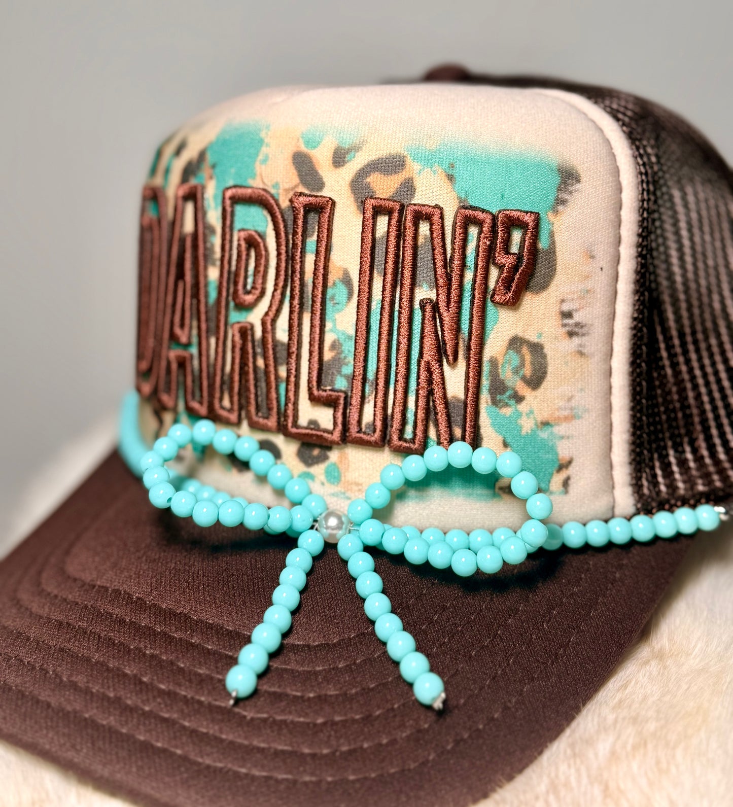 Darlin’ Western Trucker Hat | Turquoise Beaded Bow Cowgirl Hat | Handmade Boutique Hat