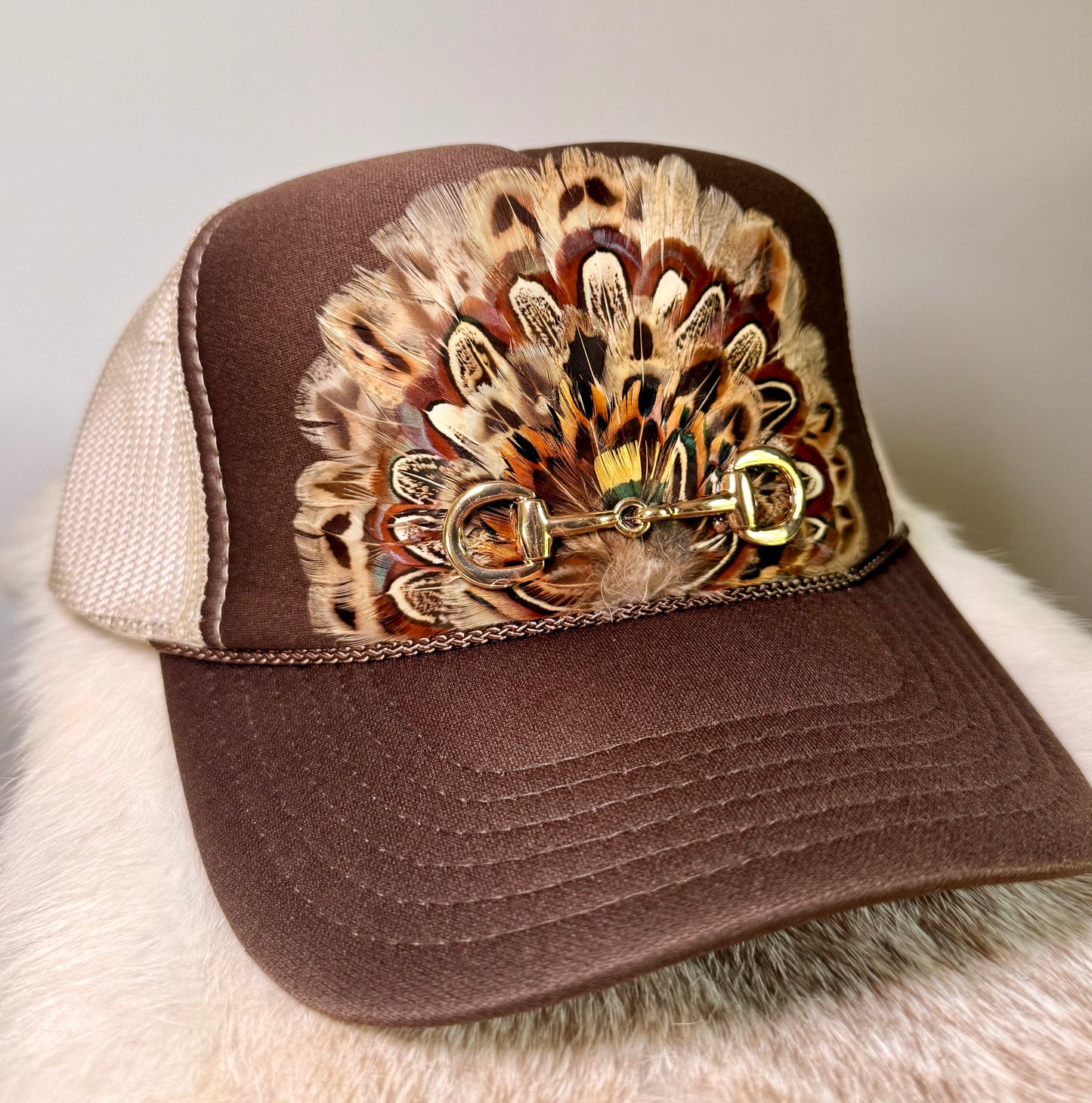 Brown Feather Trucker Hat | Western Horse Bit Hat | Boho Feather Hat | Cowgirl Trucker Hat | Equestrian Hat