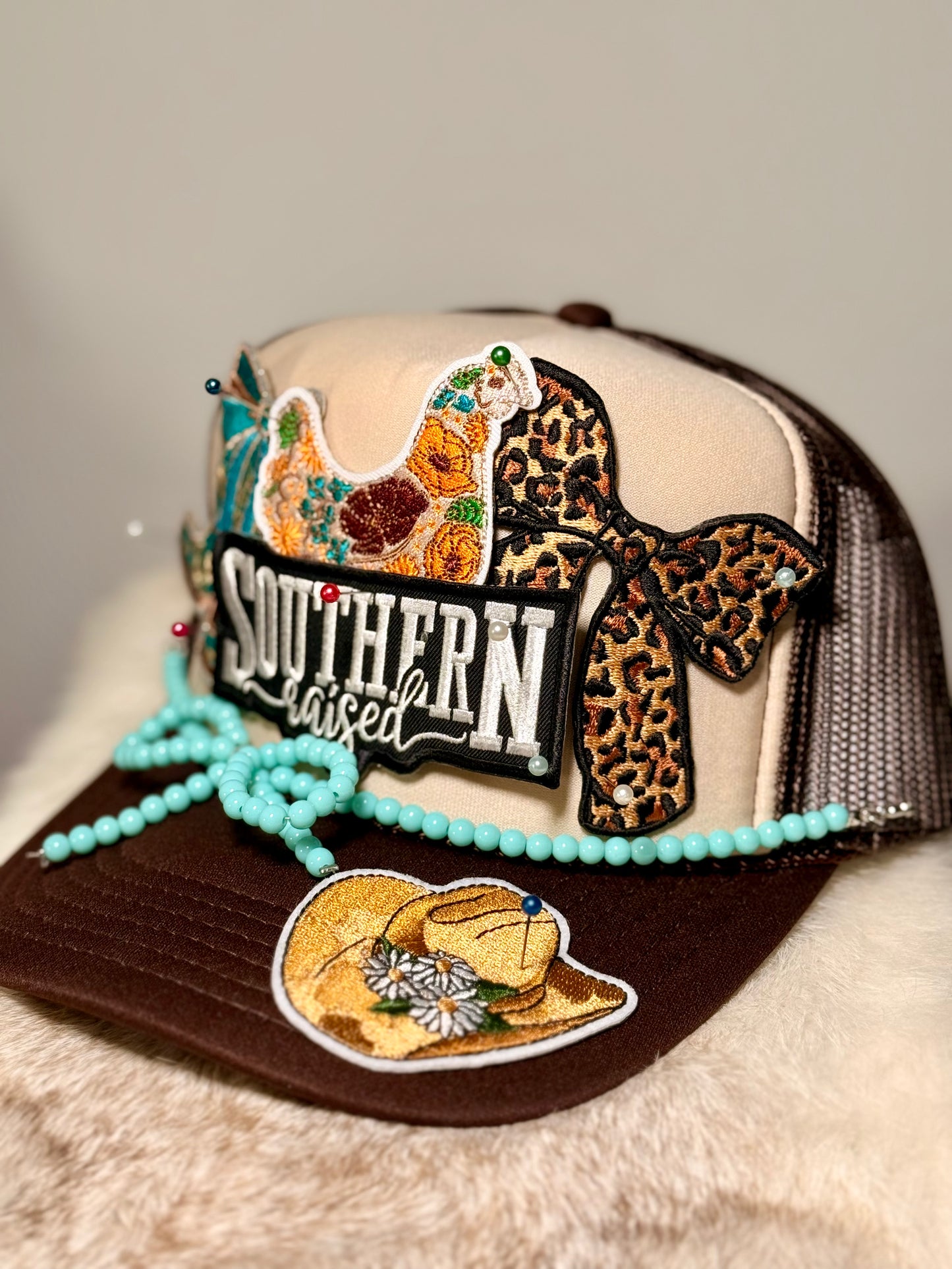 Southern Raised Hen & Leopard Bow Trucker Hat – Farmhouse Glam Western Cap