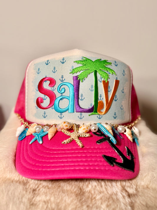 Salty Beach Trucker Hat | Coastal Glam Shell Hat | Pink Tropical Summer Snapback