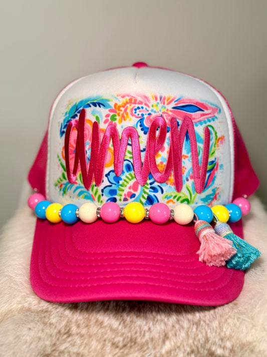 Amen Floral Trucker Hat | Pink Boutique Trucker Hat | Colorful Beaded Tassel Hat for Women