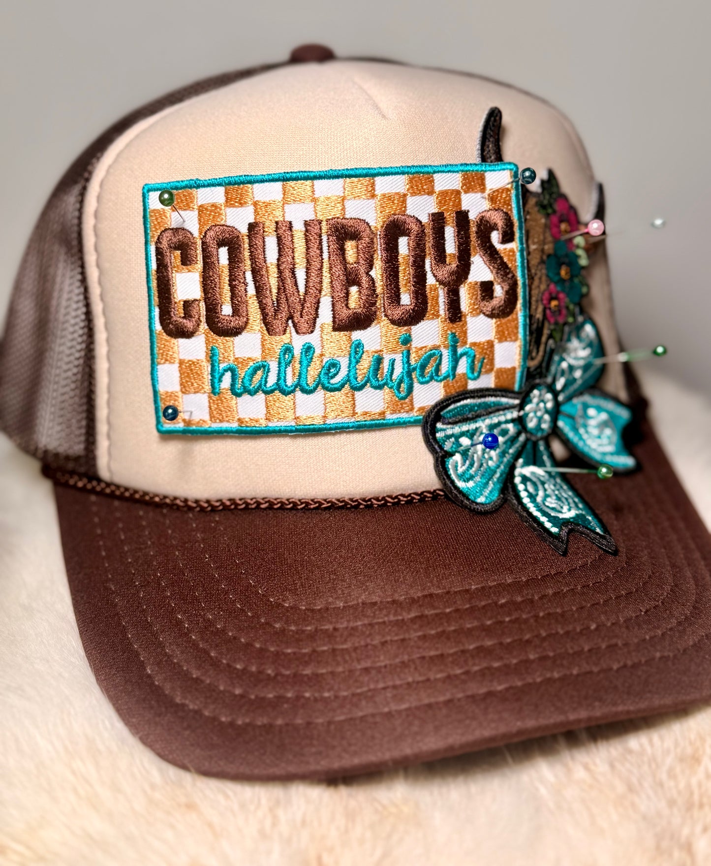 Cowboys Hallelujah Western Trucker Hat | Turquoise Bow & Floral Cow Skull Patch Hat